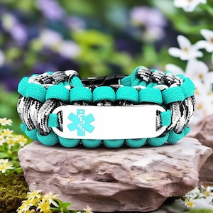 Medical Alert Bracelet | 550 Paracord Bracelet with Custom Engraved Stainless Steel ID Tag – Teal Medical Symbol