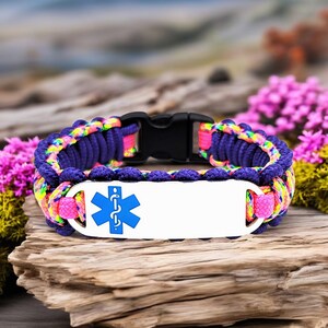 Medical Alert Bracelet for Kids or Adults – Thin 275 Paracord Bracelet with Custom Engraved Stainless Steel ID Tag - Ocean Blue Symbol