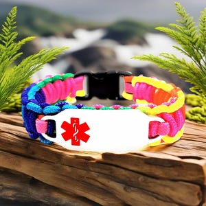 Medical Alert Bracelet for Kids or Adults – Thin 275 Paracord Bracelet with Custom Engraved Stainless Steel ID Tag - Red Medical Symbol
