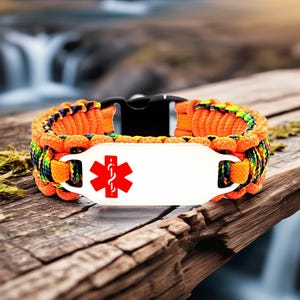 Medical Alert Bracelet for Kids or Adults – Thin 275 Paracord Bracelet with Custom Engraved Stainless Steel ID Tag - Red Medical Symbol