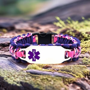Medical Alert Bracelet for Kids or Adults – Thin 275 Paracord Bracelet with Custom Engraved Stainless Steel ID Tag - Purple Medical Symbol