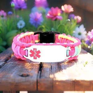 Medical Alert Bracelet for Kids or Adults – Thin 275 Paracord Bracelet with Custom Engraved Stainless Steel ID Tag - Pink Medical Symbol