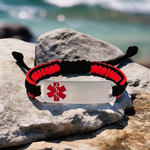 Adjustable Medical Alert Bracelet | Micro Paracord Bracelet with Custom Engraved Stainless Steel ID Tag | Red Medical Symbol