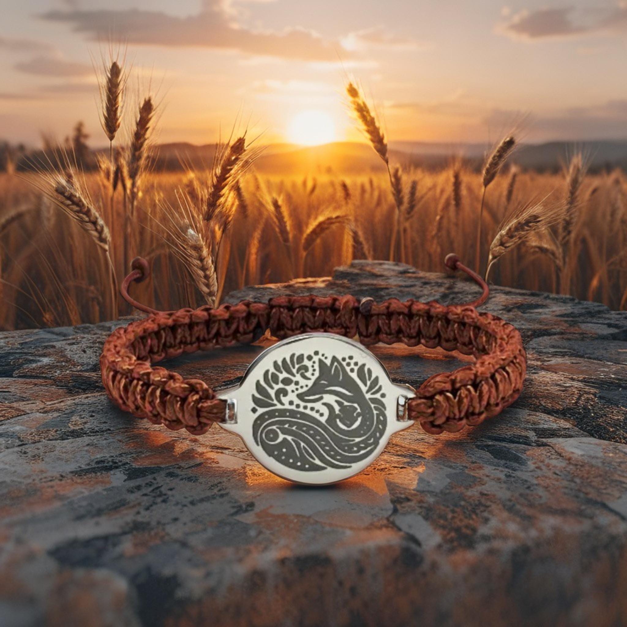Custom Engraved Adjustable Macrame Fox Bracelet * Personalized Gift for Animal Lovers, Woodland Jewelry