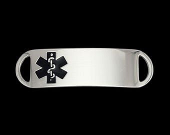 May include: A silver medical alert bracelet with a black medical symbol and a blank space for engraving.