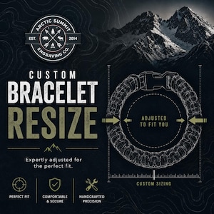 May include: A dark background with the text "CUSTOM BRACELET RESIZE" and "ADJUSTED TO FIT YOU". A black bracelet is shown with a clasp. The image also includes the text "PERFECT FIT", "COMFORTABLE & SECURE", and "HANDCRAFTED PRECISION".