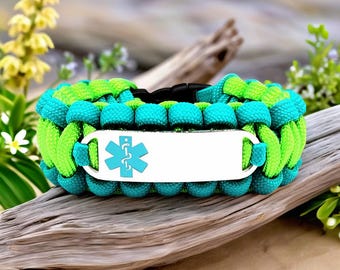 Pulsera de alerta médica / Pulsera de paracord 550 con etiqueta de identificación de acero inoxidable grabada a medida - Símbolo médico verde azulado