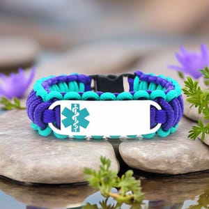 Medical Alert Bracelet for Kids or Adults – Thin 275 Paracord Bracelet with Custom Engraved Stainless Steel ID Tag - Teal Medical Symbol