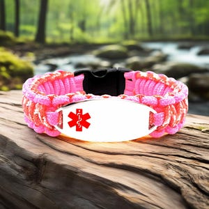 Medical Alert Bracelet for Kids or Adults – Thin 275 Paracord Bracelet with Custom Engraved Stainless Steel ID Tag - Red Medical Symbol