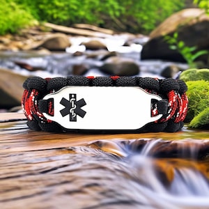 Medical Alert Bracelet | 550 Paracord Bracelet with Custom Engraved Stainless Steel ID Tag – Black Medical Symbol