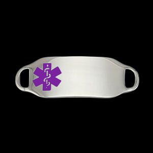 Etiquetas de identificación de pulsera de alerta médica con símbolo médico morado en placa grabada personalizada de acero inoxidable