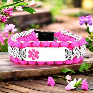 Women&#39;s Medical Alert Bracelet | 550 Paracord Bracelet with Custom Engraved Stainless Steel ID Tag – Pink Medical Symbol