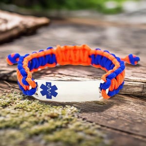 Adjustable Medical Alert Bracelet for Kids or Adults – 275 Paracord Bracelet with Engraved Stainless Steel Tag – Blue Symbol