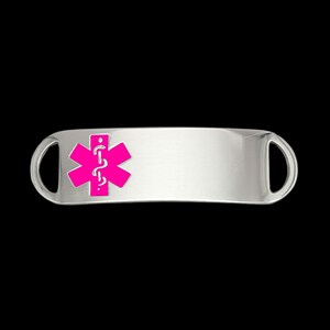 Medical Alert Bracelet ID Tags with Pink Medical Symbol on Stainless Steel Custom Engraved Plate