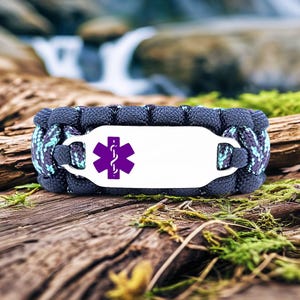 Medical Alert Bracelet | 550 Paracord Bracelet with Custom Engraved Stainless Steel ID Tag – Purple Medical Symbol