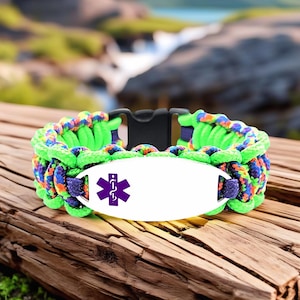 Braccialetto di allerta medica per bambini o adulti - Braccialetto sottile in paracord 275 con targhetta identificativa in acciaio inossidabile con incisione personalizzata - Simbolo medico viola