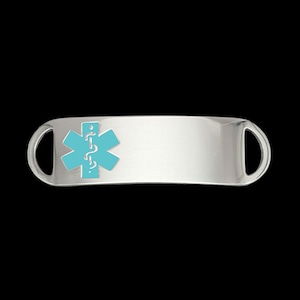 Medical Alert Bracelet ID Tags with Teal Medical Symbol on Stainless Steel Custom Engraved Plate