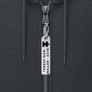Custom Engraved Stainless Steel Zipper Pull – Medical Alert & Autism ID Tag