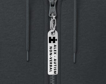 Tirador de cremallera de acero inoxidable grabado personalizado: etiqueta de alerta médica e identificación de autismo