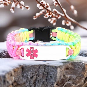 Medical Alert Bracelet for Kids or Adults – Thin 275 Paracord Bracelet with Custom Engraved Stainless Steel ID Tag - Pink Medical Symbol