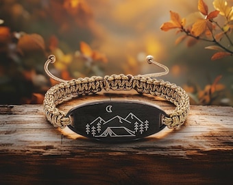 Camping Bracelet • Personalized Gift for Him • Mountain Engraved Paracord Bracelet • Hiking Gift • Stocking Stuffer