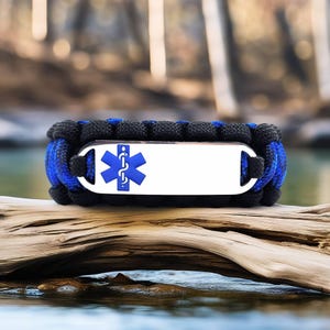 Medical Alert Bracelet | 550 Paracord Bracelet with Custom Engraved Stainless Steel ID Tag – Blue Medical Symbol