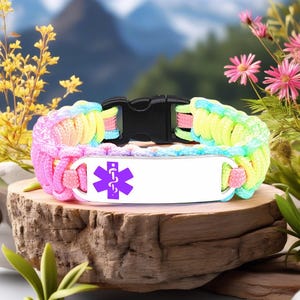 Medical Alert Bracelet for Kids or Adults – Thin 275 Paracord Bracelet with Custom Engraved Stainless Steel ID Tag - Purple Medical Symbol