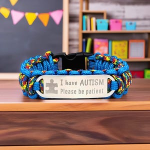 Autism Bracelet for Kids or Adults – Thin 275 Paracord Bracelet with Custom Engraved Stainless Steel ID Tag