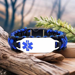 Personalized Thin Kids Medical Alert ID Paracord Bracelet w/ Stainless Steel Engraved ID Tag - Blue Medium Rectangle