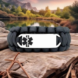 Medical Alert Bracelet | 550 Paracord Bracelet with Custom Engraved Stainless Steel ID Tag – Black Medical Symbol