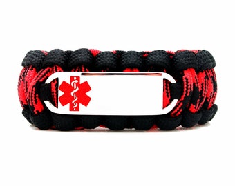 Custom 550 Paracord Bracelet Medical ID - Personalized Engraved Red Stainless Steel Medical ID Bracelet - Red Small Rectangle