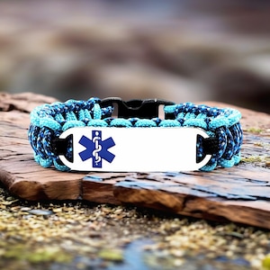 Medical Alert Bracelet for Kids or Adults – Thin 275 Paracord Bracelet with Custom Engraved Stainless Steel ID Tag - Blue Medical Symbol