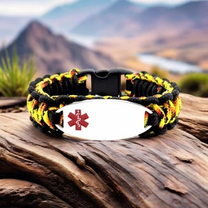 Medical Alert Bracelet for Kids or Adults – Thin 275 Paracord Bracelet with Custom Engraved Stainless Steel ID Tag - Red Medical Symbol