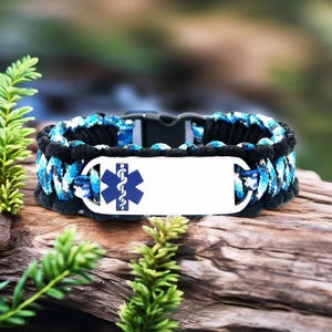 Medical Alert Bracelet for Kids or Adults – Thin 275 Paracord Bracelet with Custom Engraved Stainless Steel ID Tag - Blue Medical Symbol
