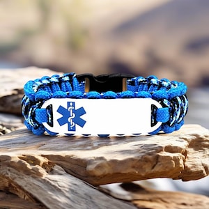 Medical Alert Bracelet for Kids or Adults – Thin 275 Paracord Bracelet with Custom Engraved Stainless Steel ID Tag - Ocean Blue Symbol
