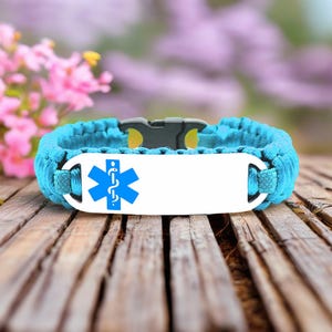 Medical Alert Bracelet for Kids or Adults – Turquoise Satin Bracelet - Custom Engraved Stainless Steel ID Tag with Choice of Medical Symbols