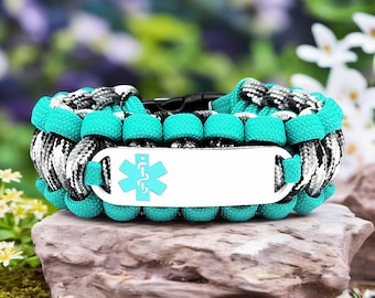 Pulsera de alerta médica / Pulsera de paracord 550 con etiqueta de identificación de acero inoxidable grabada a medida - Símbolo médico verde azulado