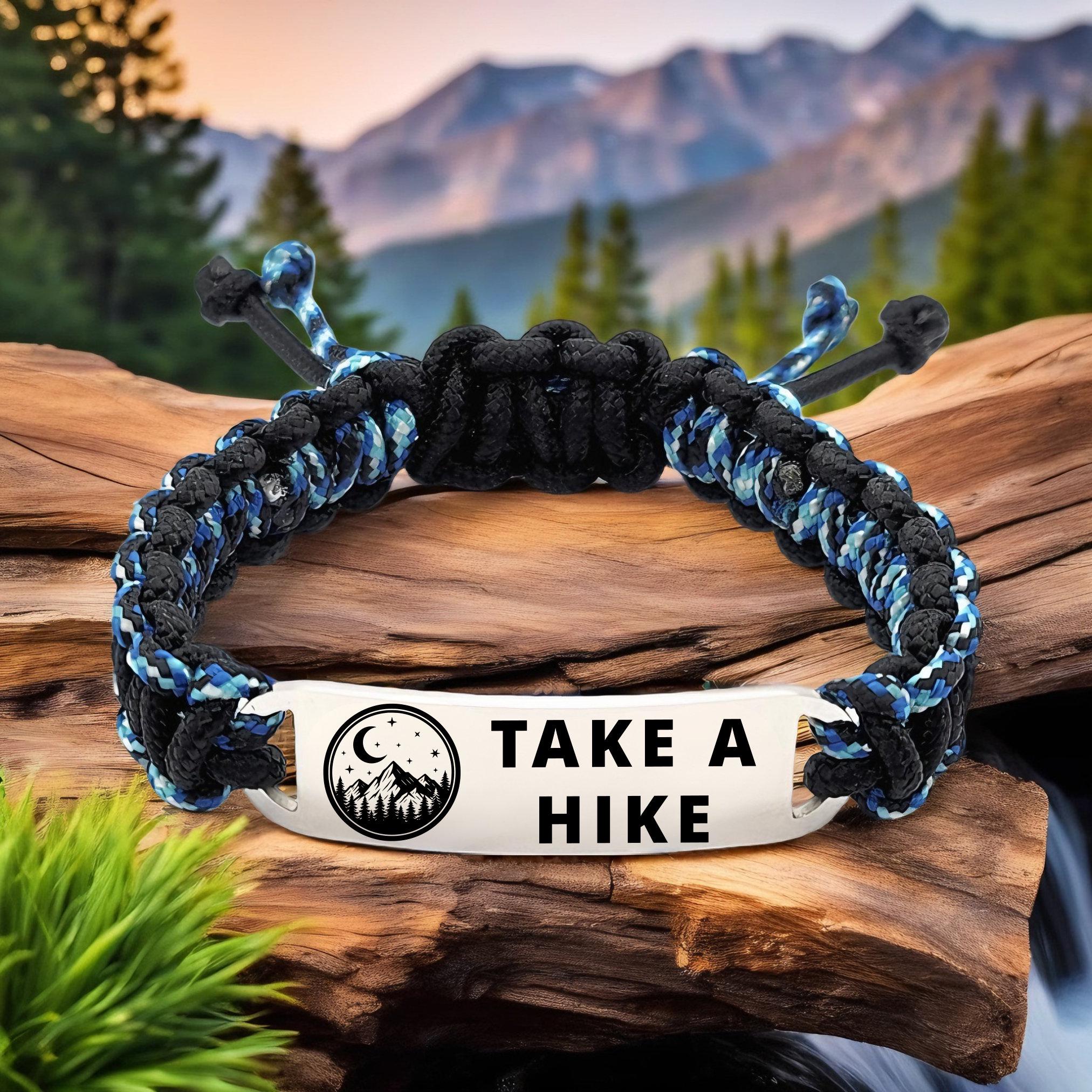 Adjustable Thin 275 Paracord Bracelet with Custom Engraved Stainless Steel ID Tag for Kids or Adults - Take a Hike Design