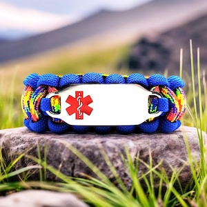 Medical Alert Bracelet | 550 Paracord Bracelet with Custom Engraved Stainless Steel ID Tag – Red Medical Symbol