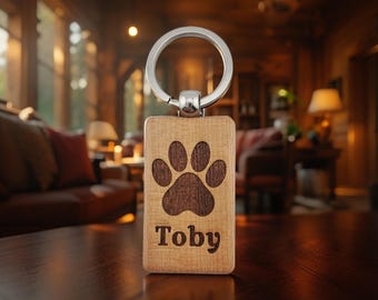 Custom Paw Print Keychain with Name – Personalized Wood Keychain – Dog Lover Gift – Engraved Pet Memorial