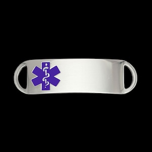 Medical Alert Bracelet ID Tags with Purple Medical Symbol on Stainless Steel Custom Engraved Plate