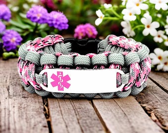Pulsera de alerta médica / Pulsera de paracord 550 con etiqueta de identificación de acero inoxidable grabada a medida - Símbolo médico rosa