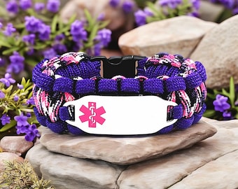 Pulsera de alerta médica para mujer / Pulsera de paracord 550 con etiqueta de identificación de acero inoxidable grabada personalizada - Símbolo médico rosa