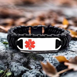 Medical Alert Bracelet for Kids or Adults – Thin 275 Paracord Bracelet with Custom Engraved Stainless Steel ID Tag - Red Medical Symbol