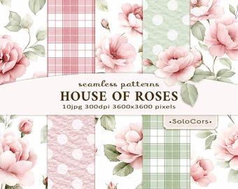 Watercolor rose seamless pattern, Floral scrapbook paper, Gingham dots romantic patterns, Digital download