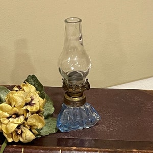 P & A Manufacturing Company Acorn Blue Glass Miniature Oil or Kerosene Lamp with Clear Chimney