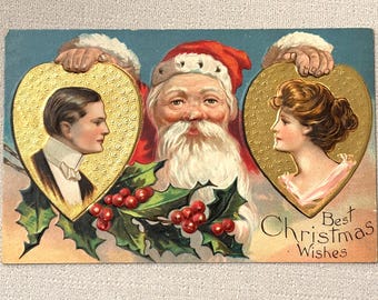 Antique Christmas Postcard Featuring Santa with Young Lovers