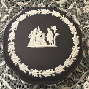 Wedgwood Black Basalt Jasperware Round Lidded Jewelry or Vanity Box, Made in England