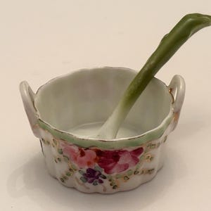 Antique Fluted Salt Dish with Matching Spoon, Hand Painted and Trimmed in Gold