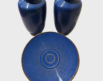 Vintage Chinese Royal Blue Enameled Fish Scale Cloisonne Vases and Plate
